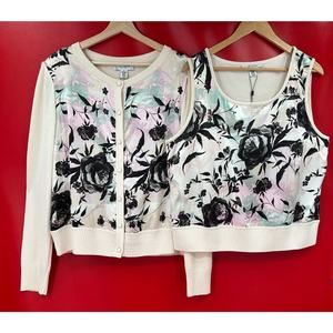 St John Santana Knit Silk Wool Floral Cardigan Tank Top Matching Set Size XL NWT